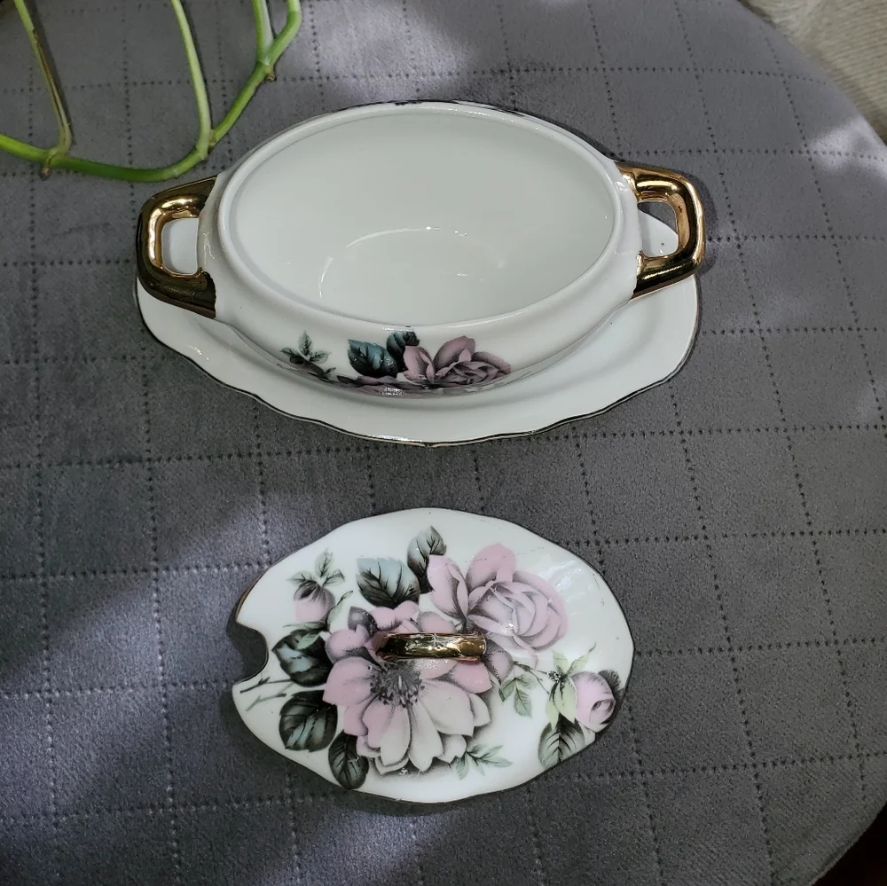 Floral Gravy Server with Gold Accents